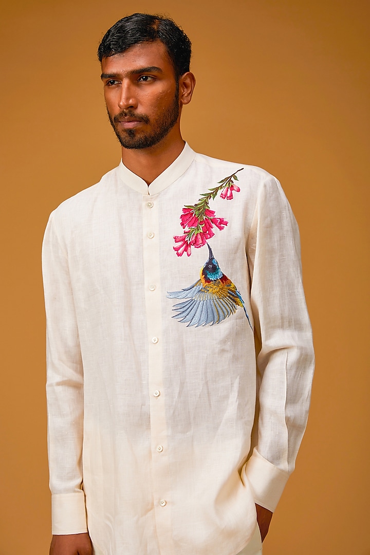 Light Beige Linen Embroidered Shirt by Rohit Bal Men