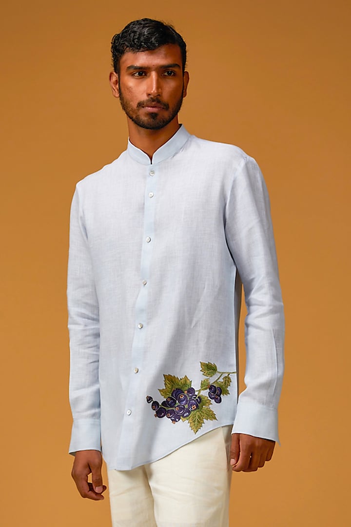 Sky Blue Linen Embroidered Shirt by Rohit Bal Men