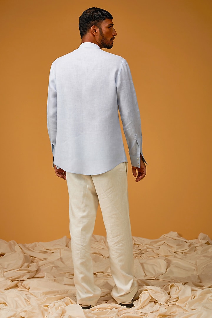 Sky Blue Linen Embroidered Party Wear Shirt by Rohit Bal Men at Pernia's Pop Up Shop