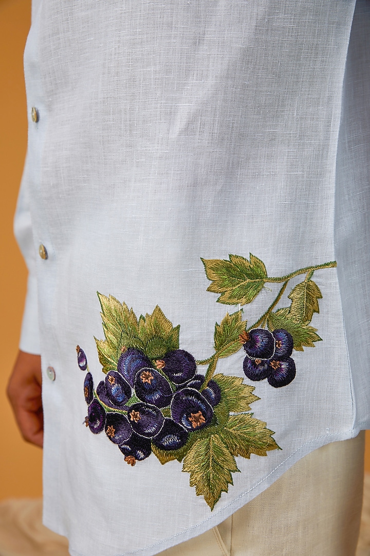 Sky Blue Linen Embroidered Party Wear Shirt by Rohit Bal Men at Pernia's Pop Up Shop