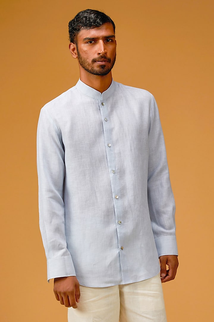 Sky Blue Linen Resham Embroidered Shirt by Rohit Bal Men