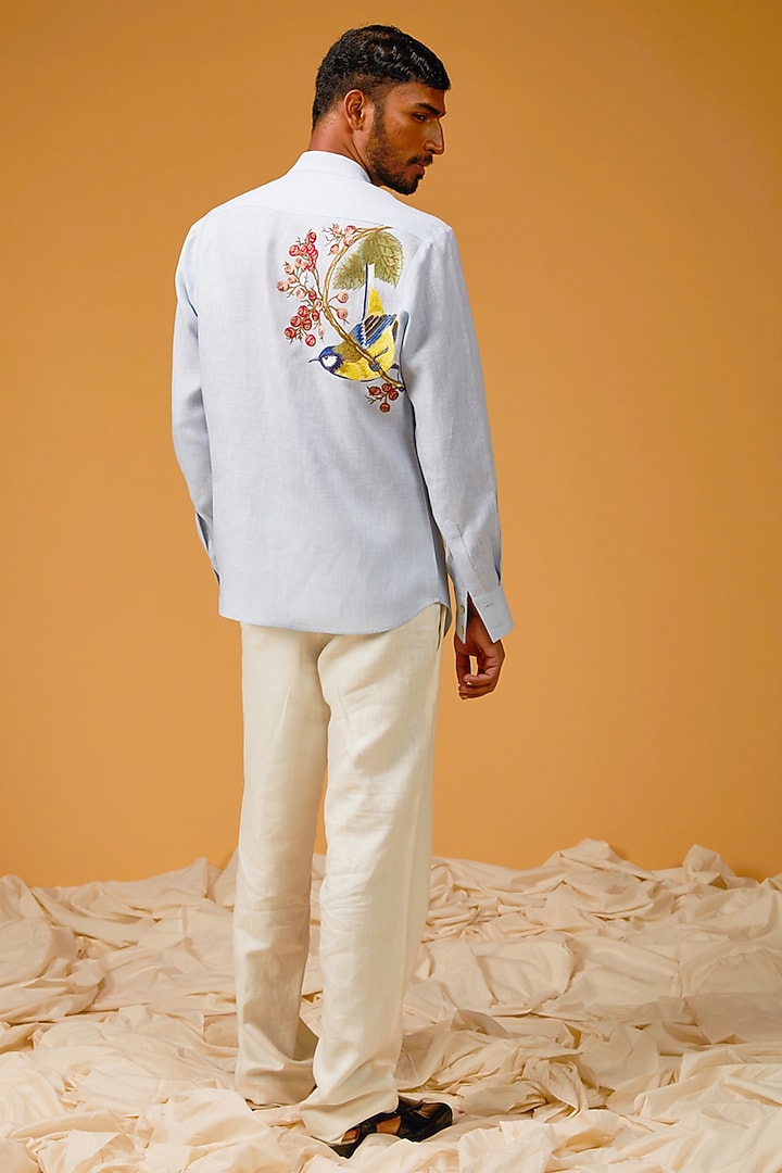 Sky Blue Linen Resham Embroidered Party Wear Shirt by Rohit Bal Men at Pernia's Pop Up Shop