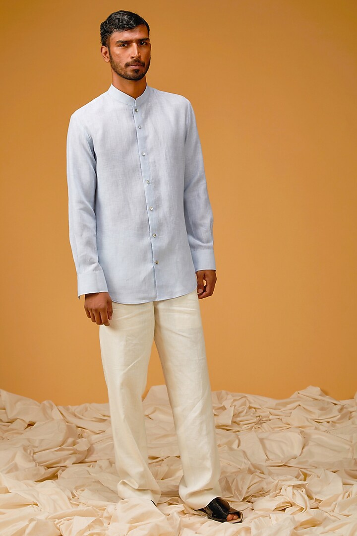 Sky Blue Linen Resham Embroidered Party Wear Shirt by Rohit Bal Men at Pernia's Pop Up Shop
