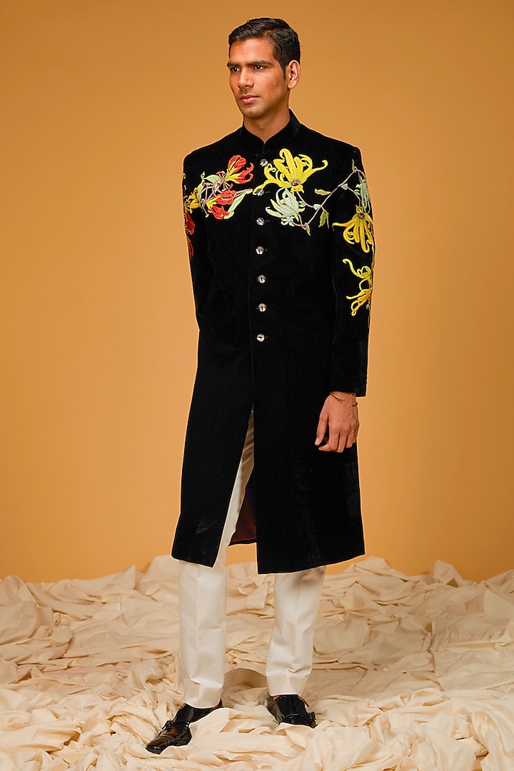 Black Velvet Embroidered Sherwani by Rohit Bal Men