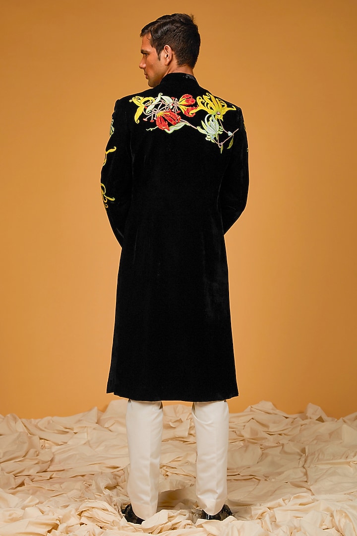 Black Velvet Embroidered Groom Sherwani by Rohit Bal Men at Pernia's Pop Up Shop