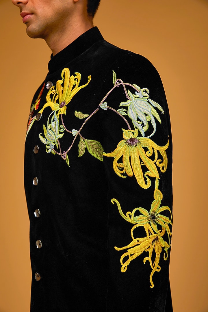 Black Velvet Embroidered Groom Sherwani by Rohit Bal Men at Pernia's Pop Up Shop