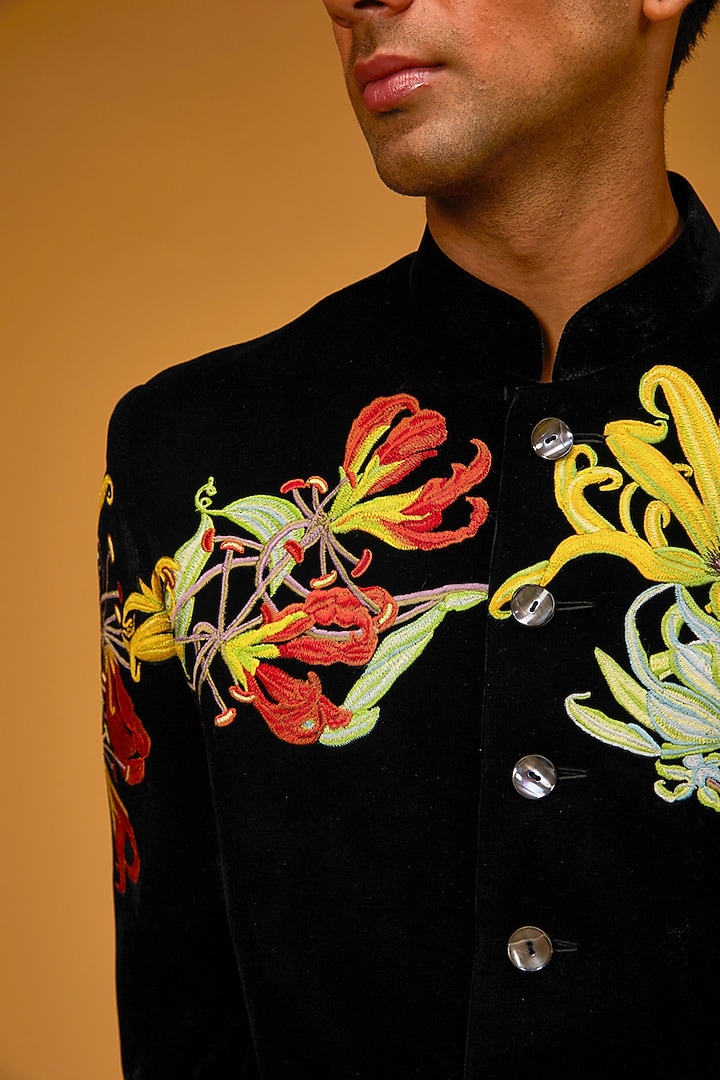 Black Velvet Embroidered Groom Sherwani by Rohit Bal Men at Pernia's Pop Up Shop