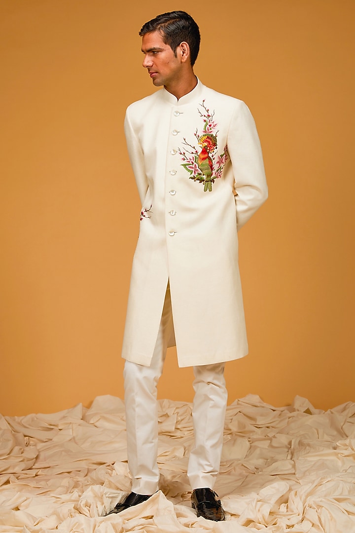 Ivory Matka Silk Resham Embroidered Sherwani by Rohit Bal Men