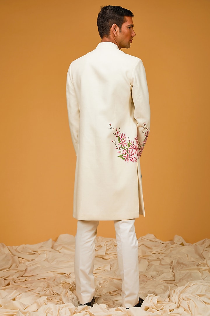 Ivory Matka Silk Resham Embroidered Groom Sherwani by Rohit Bal Men at Pernia's Pop Up Shop