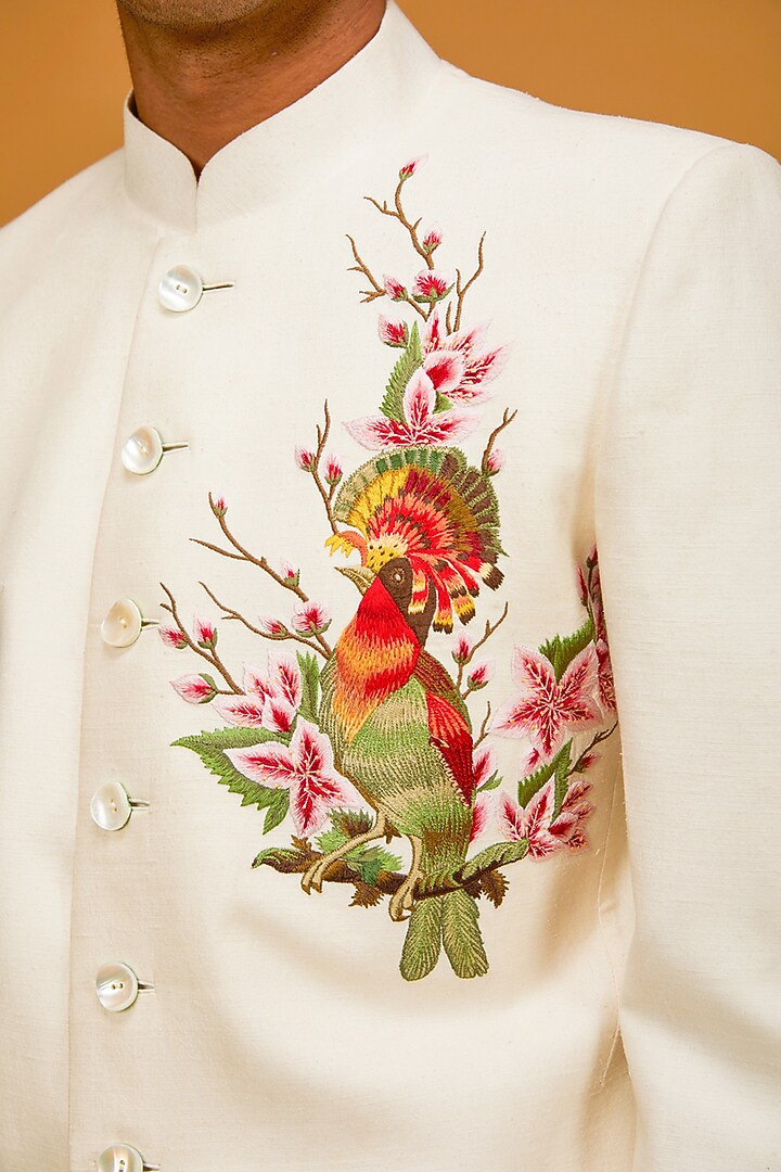 Ivory Matka Silk Resham Embroidered Groom Sherwani by Rohit Bal Men at Pernia's Pop Up Shop
