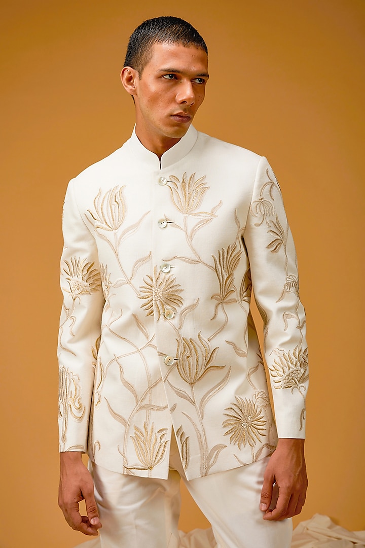 Ivory Matka Silk Floral Embroidered Bandhgala Jacket by Rohit Bal Men