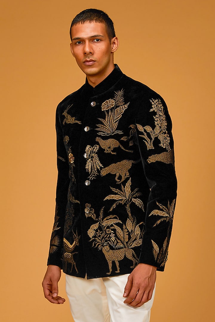 Black Velvet Embroidered Bandhgala Jacket by Rohit Bal Men