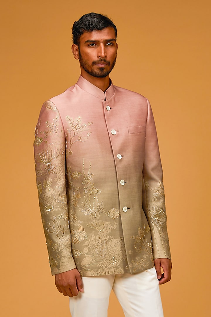 Sea Green Chanderi Digital Printed & Cutdana Embroidered Bandhgala Jacket by Rohit Bal Men