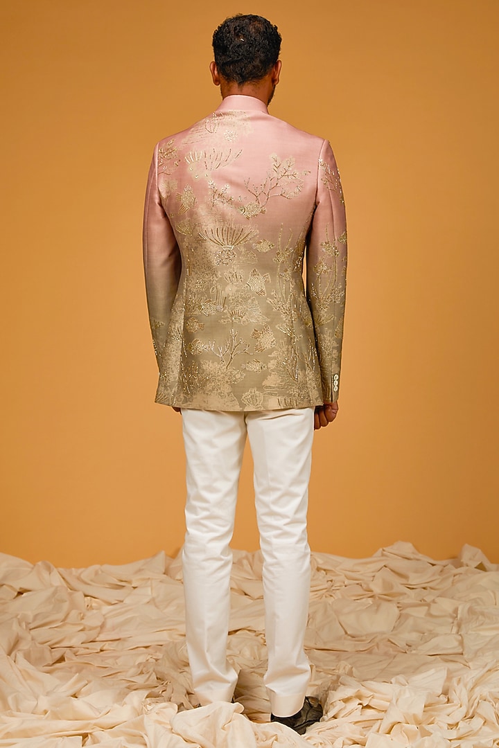 Sea Green Chanderi Digital Printed & Cutdana Embroidered Groom Bandhgala Jacket by Rohit Bal Men at Pernia's Pop Up Shop