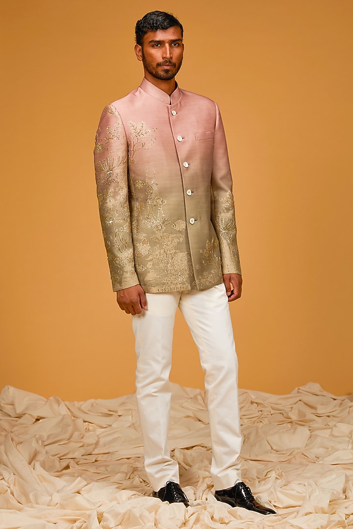 Sea Green Chanderi Digital Printed & Cutdana Embroidered Groom Bandhgala Jacket by Rohit Bal Men at Pernia's Pop Up Shop