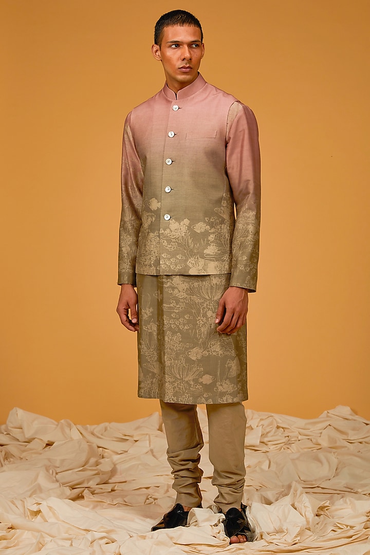 Sea Green Chanderi Digital Printed Bundi Jacket Set by Rohit Bal Men