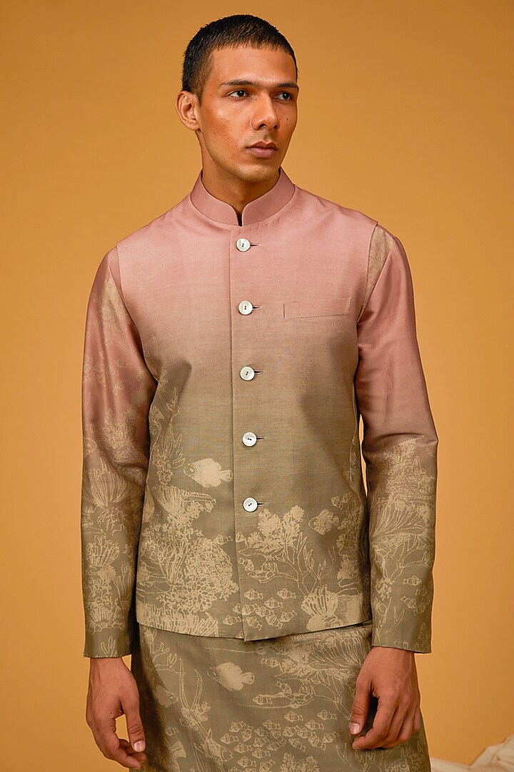 Sea Green Chanderi Digital Printed Bundi Jacket Set by Rohit Bal Men at Pernia's Pop Up Shop