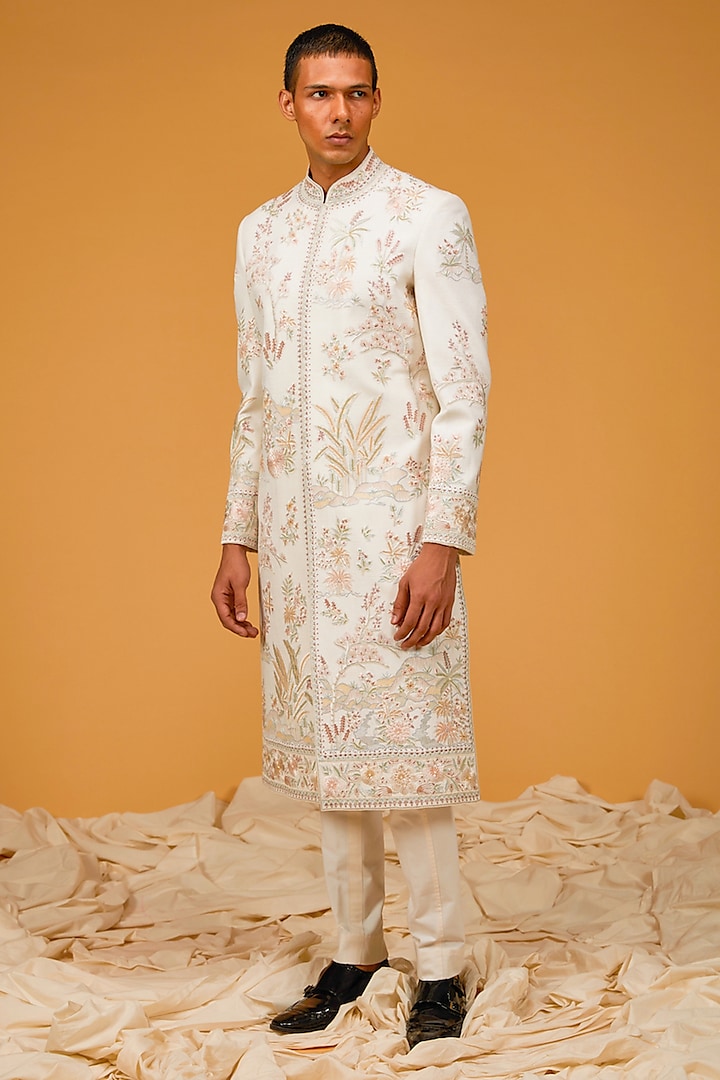 Ivory Matka Silk Resham Hand Embroidered Groom Sherwani by Rohit Bal Men at Pernia's Pop Up Shop