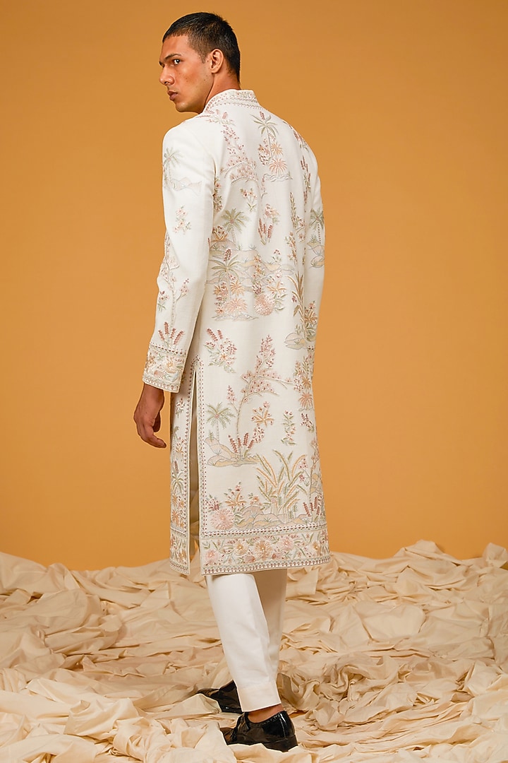 Ivory Matka Silk Resham Hand Embroidered Groom Sherwani by Rohit Bal Men at Pernia's Pop Up Shop