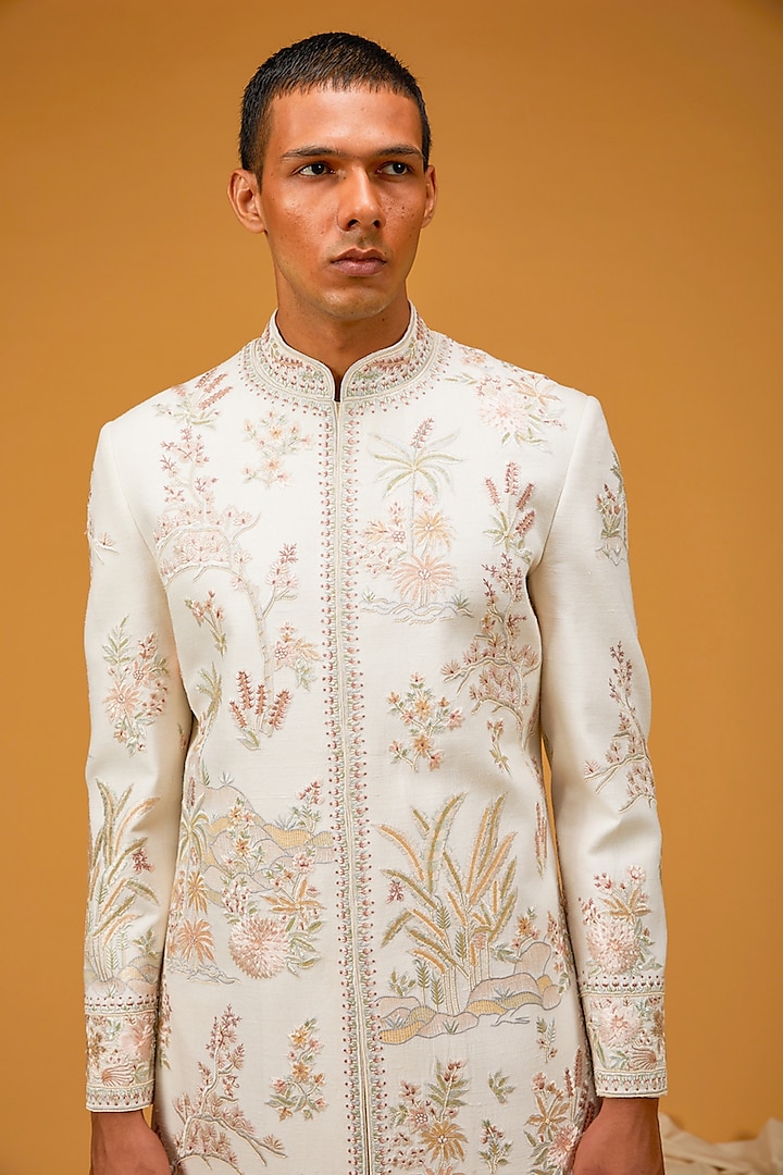 Ivory Matka Silk Resham Hand Embroidered Groom Sherwani by Rohit Bal Men at Pernia's Pop Up Shop