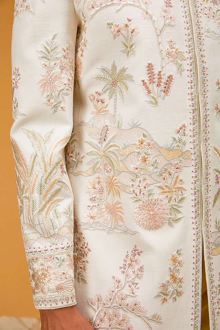 Ivory Matka Silk Resham Hand Embroidered Groom Sherwani by Rohit Bal Men at Pernia's Pop Up Shop