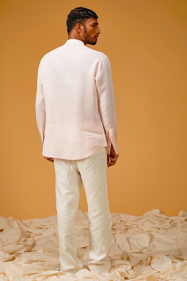 Powder Pink Linen Embroidered Party Wear Shirt by Rohit Bal Men at Pernia's Pop Up Shop