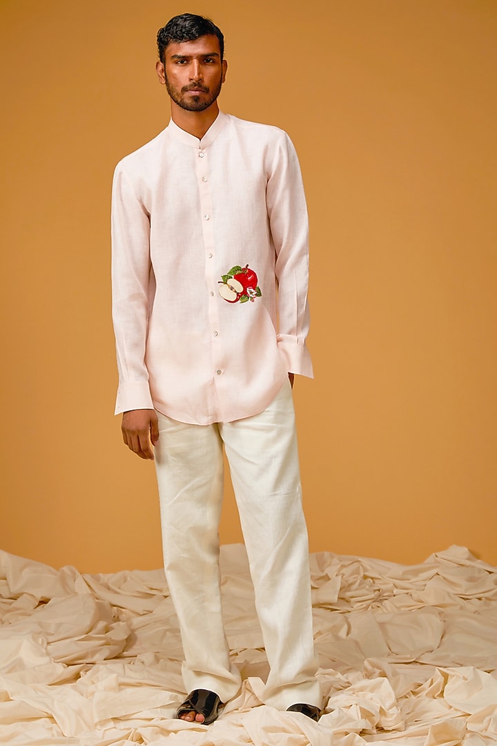Powder Pink Linen Embroidered Party Wear Shirt by Rohit Bal Men at Pernia's Pop Up Shop