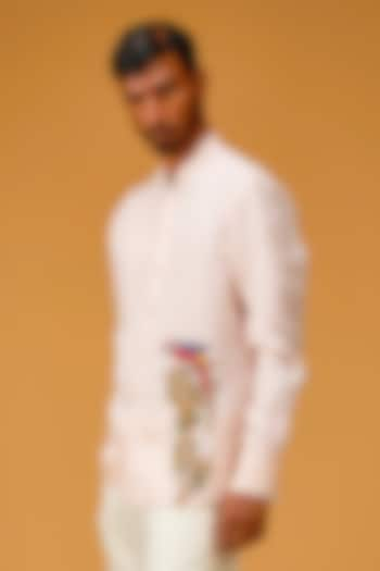 Powder Pink Linen Embroidered Shirt by Rohit Bal Men