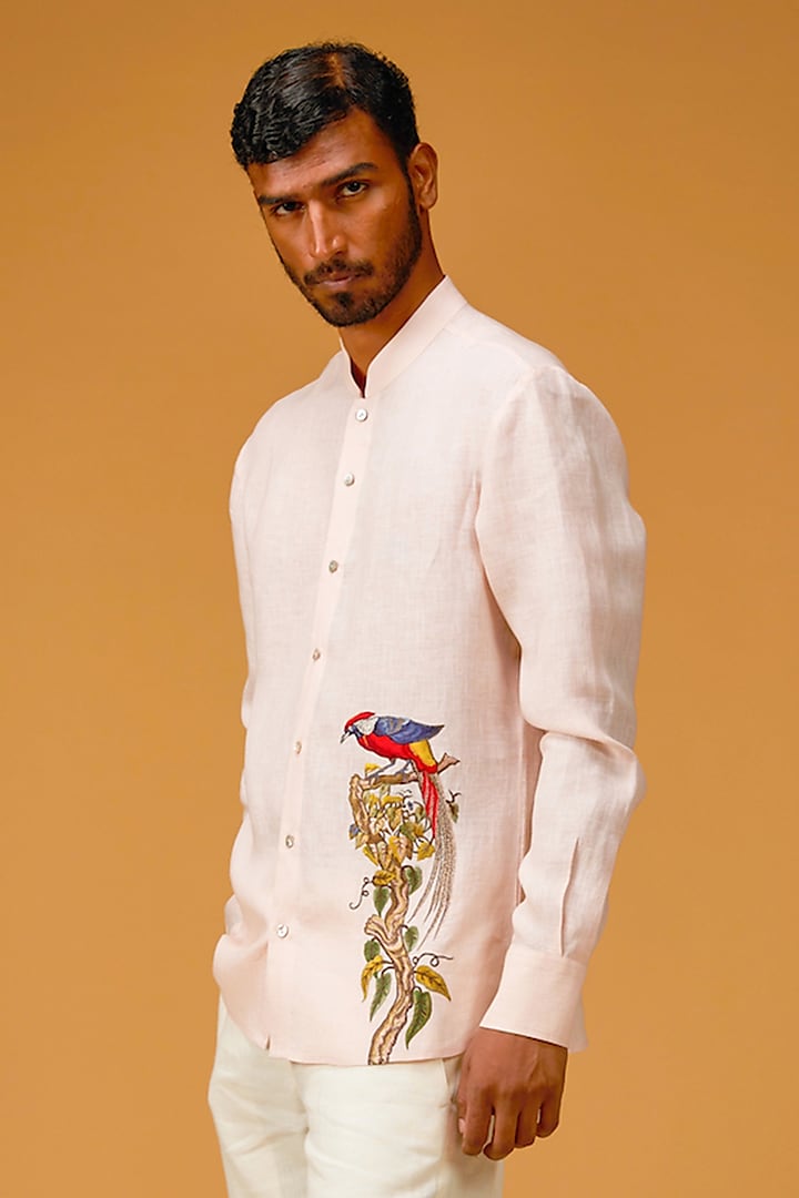 Powder Pink Linen Embroidered Shirt by Rohit Bal Men