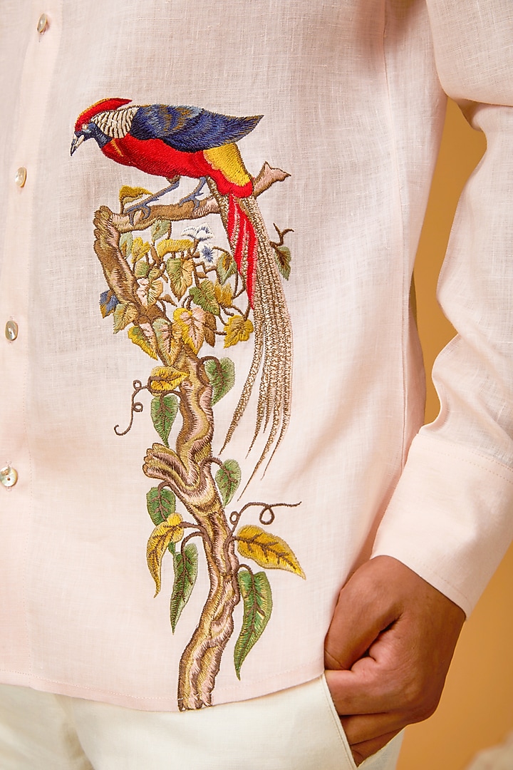 Powder Pink Linen Embroidered Party Wear Shirt by Rohit Bal Men at Pernia's Pop Up Shop