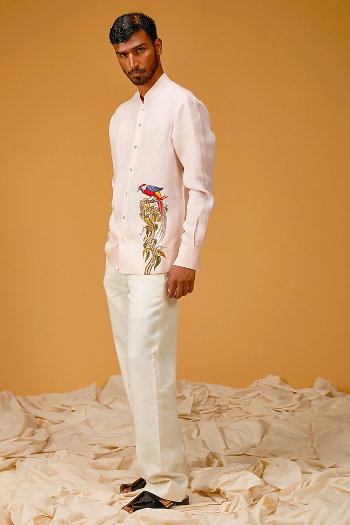 Powder Pink Linen Embroidered Party Wear Shirt by Rohit Bal Men at Pernia's Pop Up Shop
