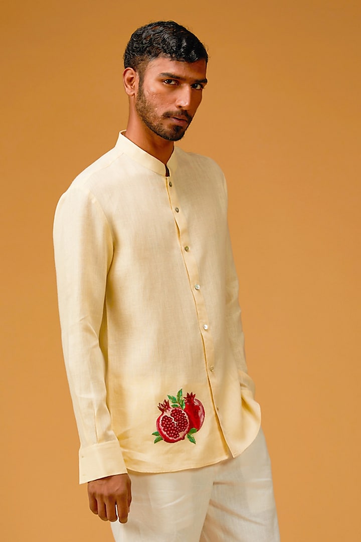 Mango Yellow Linen Embroidered Shirt by Rohit Bal Men