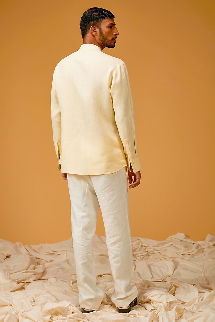 Mango Yellow Linen Embroidered Party Wear Shirt by Rohit Bal Men at Pernia's Pop Up Shop