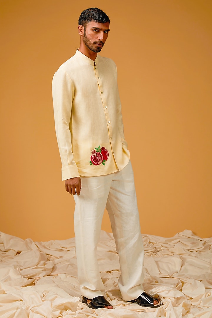 Mango Yellow Linen Embroidered Party Wear Shirt by Rohit Bal Men at Pernia's Pop Up Shop