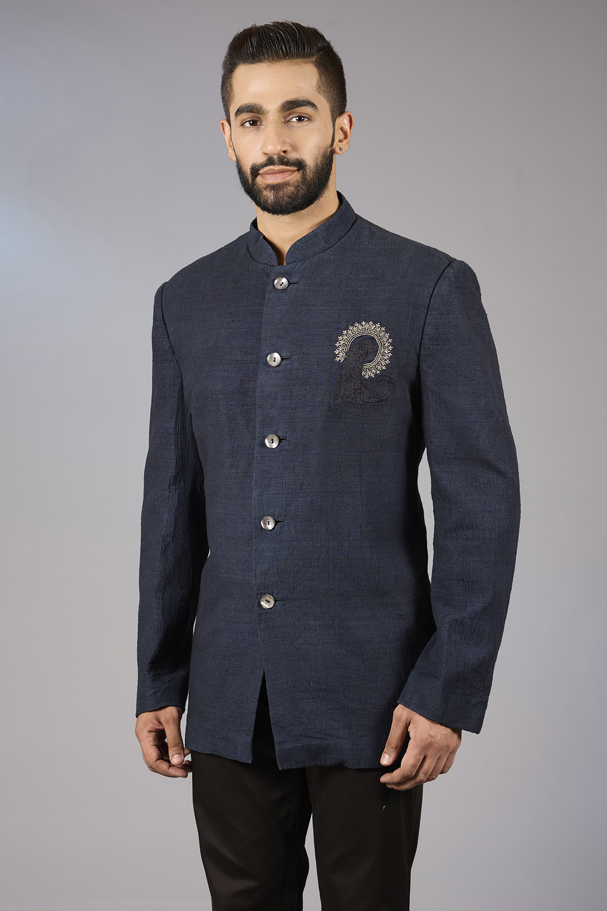 Navy Blue Matka Silk Embroidered Bandhgala Jacket by Rohit Bal Men