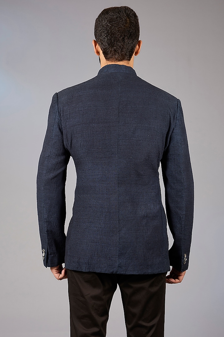 Navy Blue Matka Silk Embroidered Wedding Bandhgala Jacket by Rohit Bal Men at Pernia's Pop Up Shop