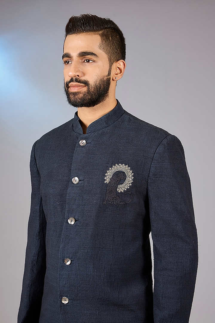 Navy Blue Matka Silk Embroidered Wedding Bandhgala Jacket by Rohit Bal Men at Pernia's Pop Up Shop