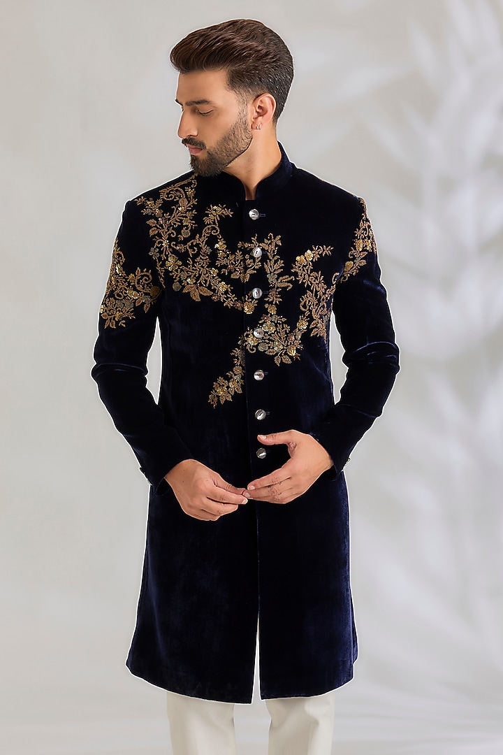 Indigo Velvet Groom Sherwani by Rohit Bal Men at Pernia's Pop Up Shop