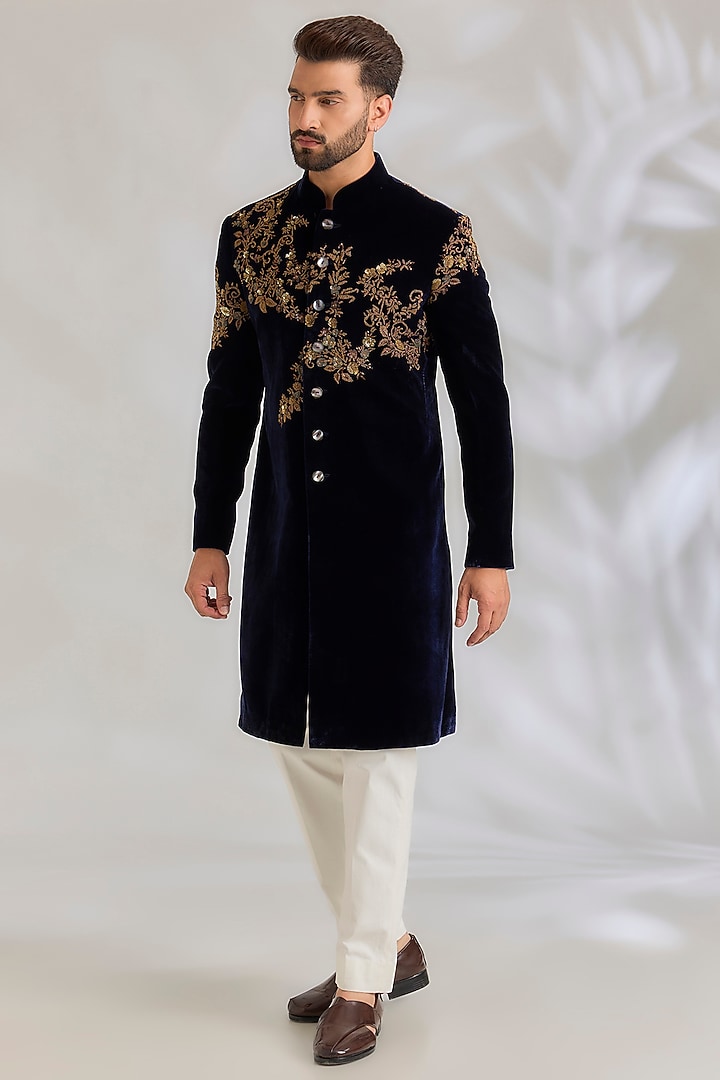 Indigo Velvet Groom Sherwani by Rohit Bal Men at Pernia's Pop Up Shop