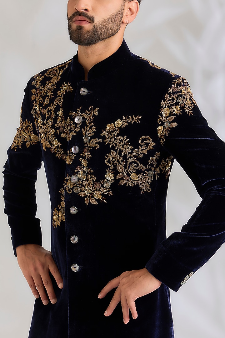 Indigo Velvet Groom Sherwani by Rohit Bal Men at Pernia's Pop Up Shop