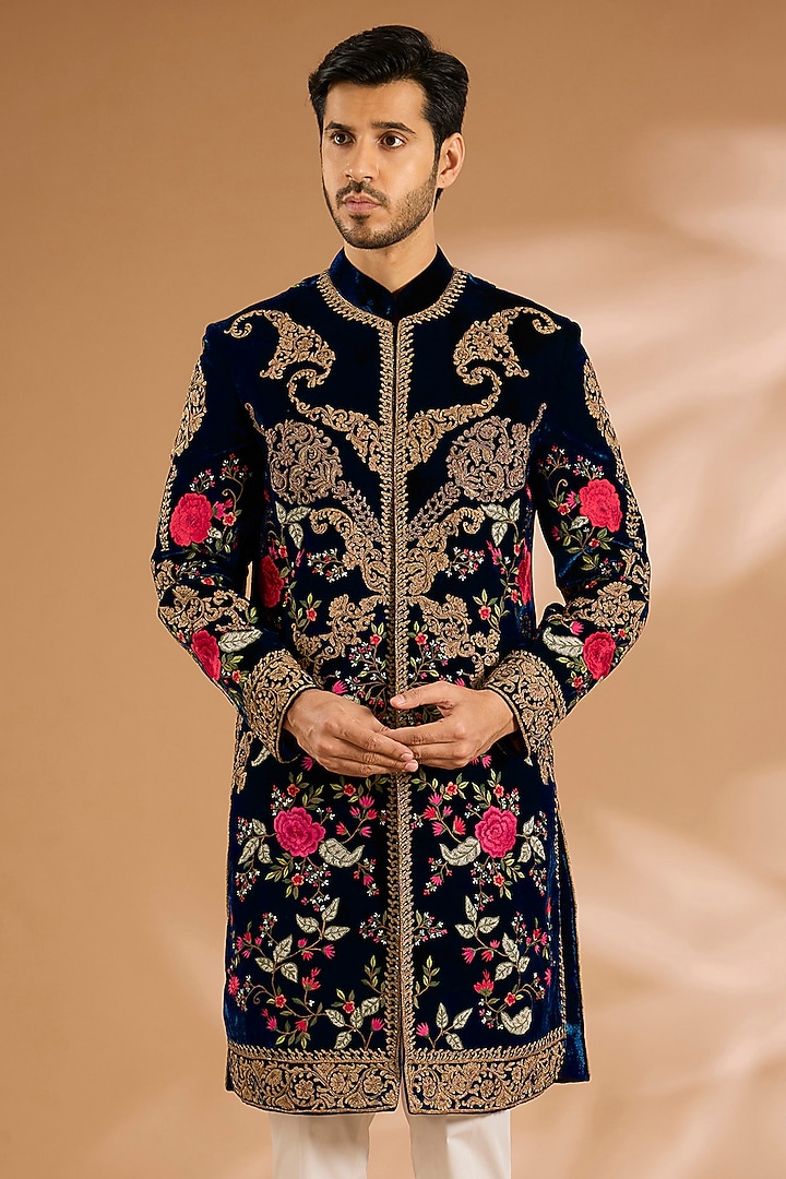 Navy Blue Velvet Groom Sherwani by Rohit Bal Men at Pernia's Pop Up Shop