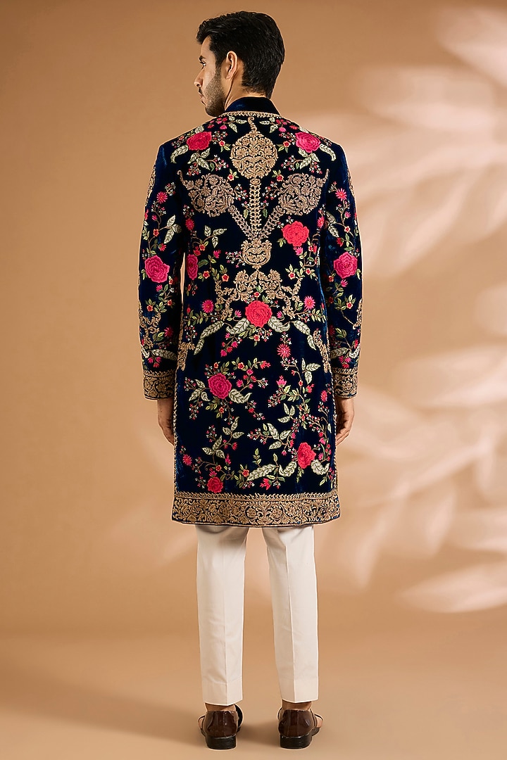 Navy Blue Velvet Groom Sherwani by Rohit Bal Men at Pernia's Pop Up Shop