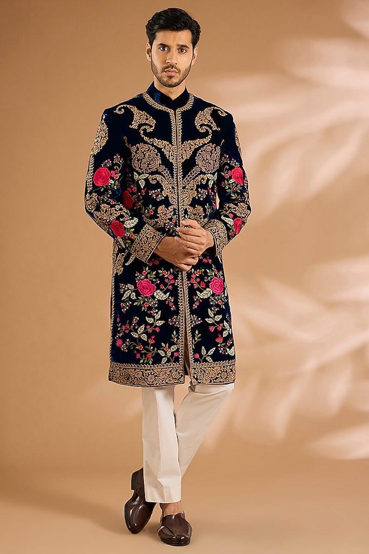 Navy Blue Velvet Groom Sherwani by Rohit Bal Men at Pernia's Pop Up Shop