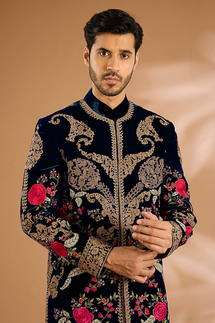 Navy Blue Velvet Groom Sherwani by Rohit Bal Men at Pernia's Pop Up Shop