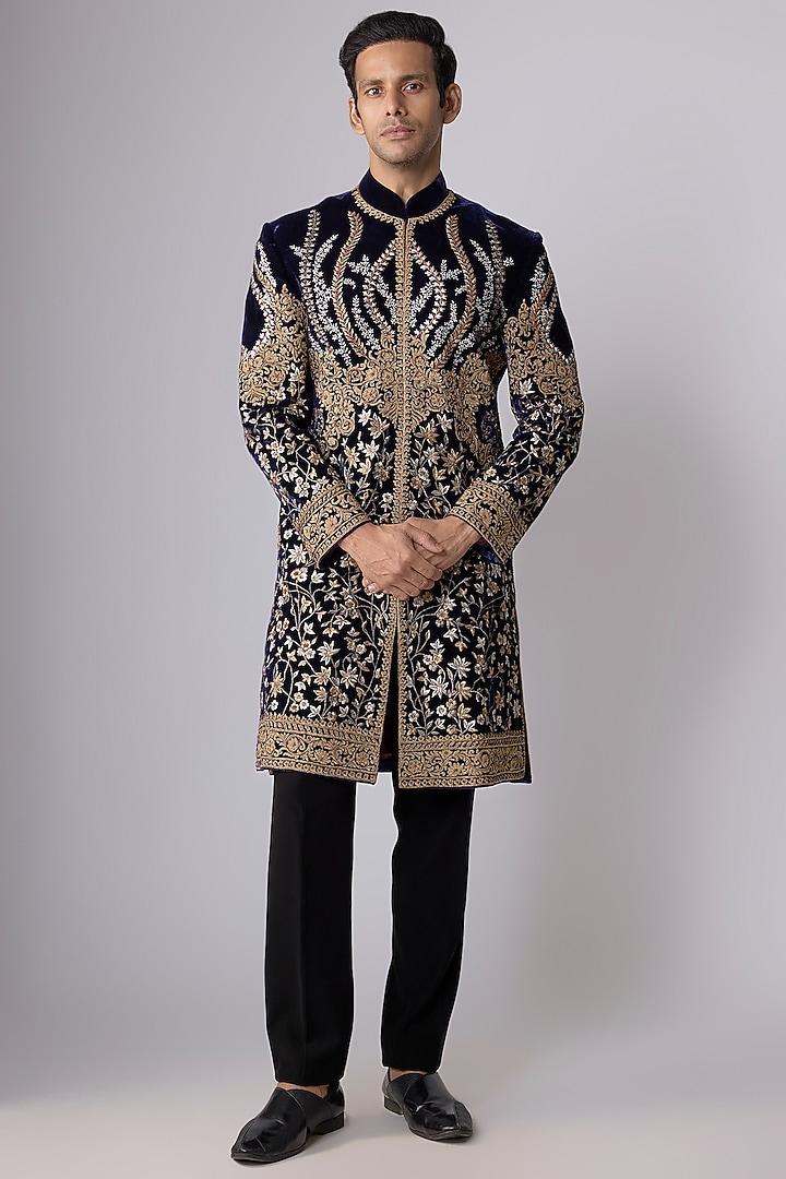 Navy Blue Velvet Groom Sherwani by Rohit Bal Men at Pernia's Pop Up Shop