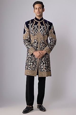 Navy Blue Velvet Sherwani by Rohit Bal Men