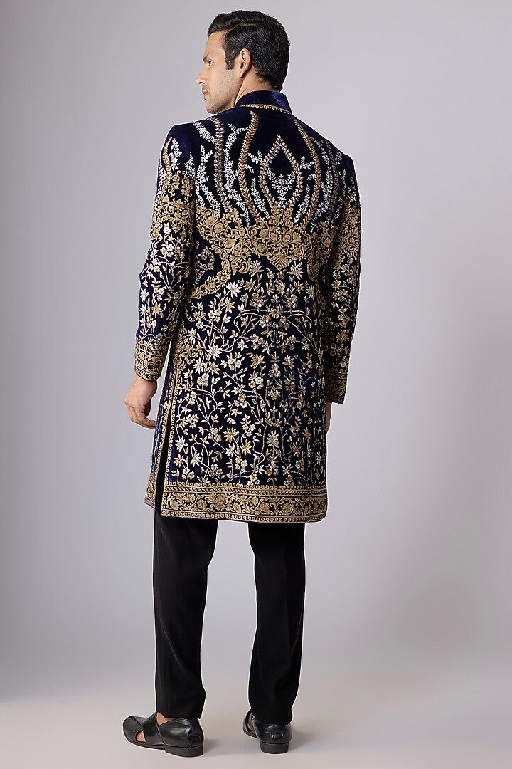 Navy Blue Velvet Groom Sherwani by Rohit Bal Men at Pernia's Pop Up Shop