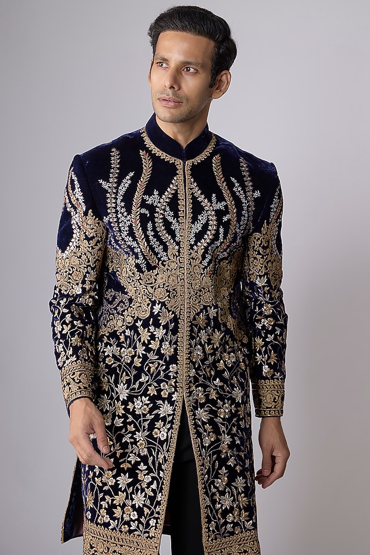 Navy Blue Velvet Groom Sherwani by Rohit Bal Men at Pernia's Pop Up Shop