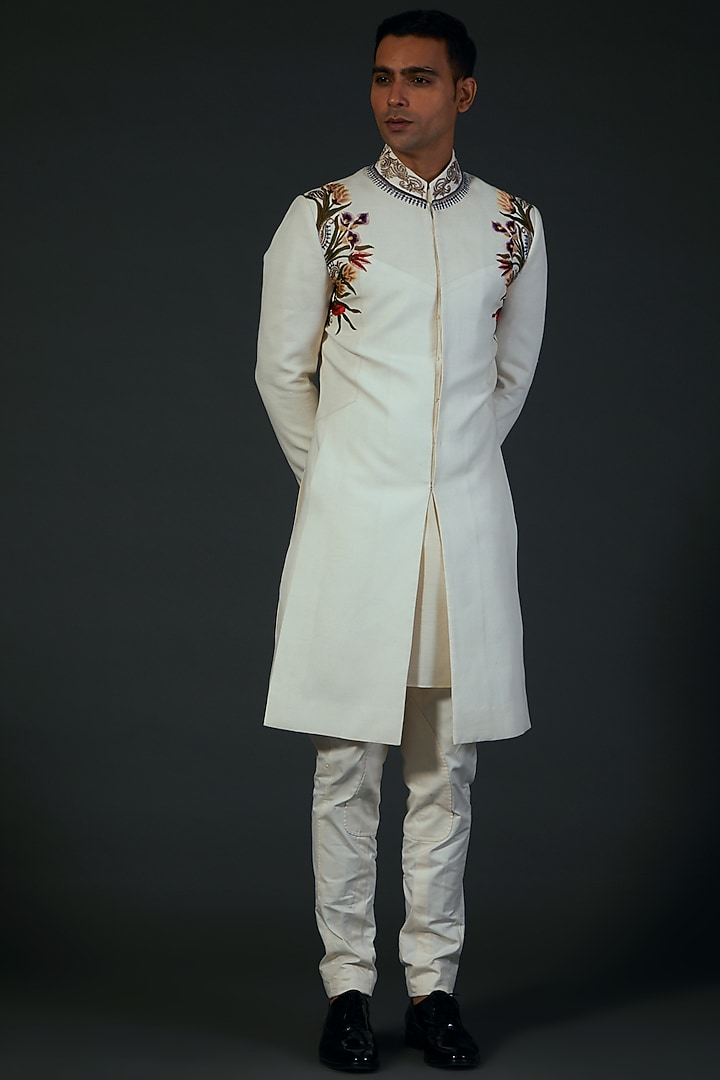 Ivory Matka Silk Floral Embroidered Groom Sherwani by Rohit Bal Men at Pernia's Pop Up Shop