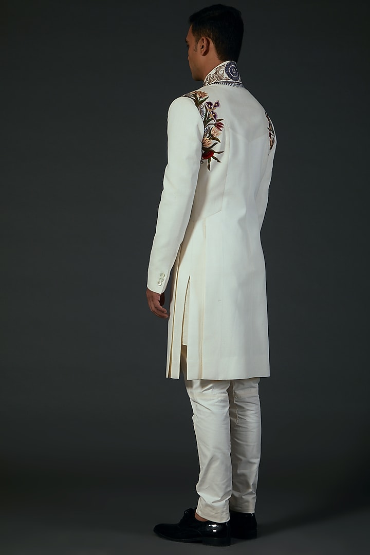 Ivory Matka Silk Floral Embroidered Groom Sherwani by Rohit Bal Men at Pernia's Pop Up Shop